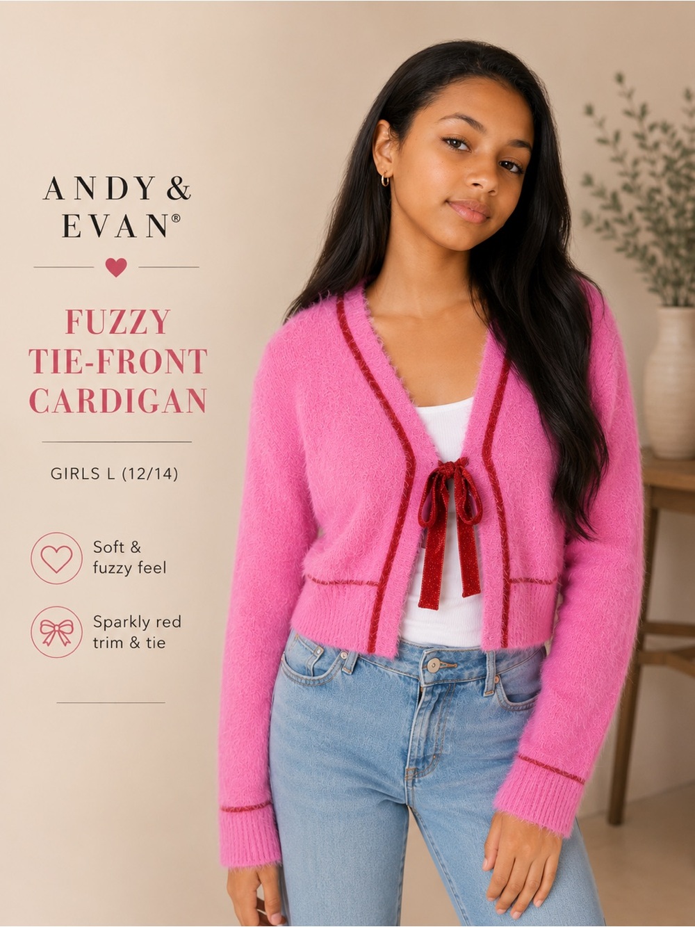 Andy & Evan Girls L 12/14 Pink Fuzzy Tie Front Cardigan Red Sparkle Trim